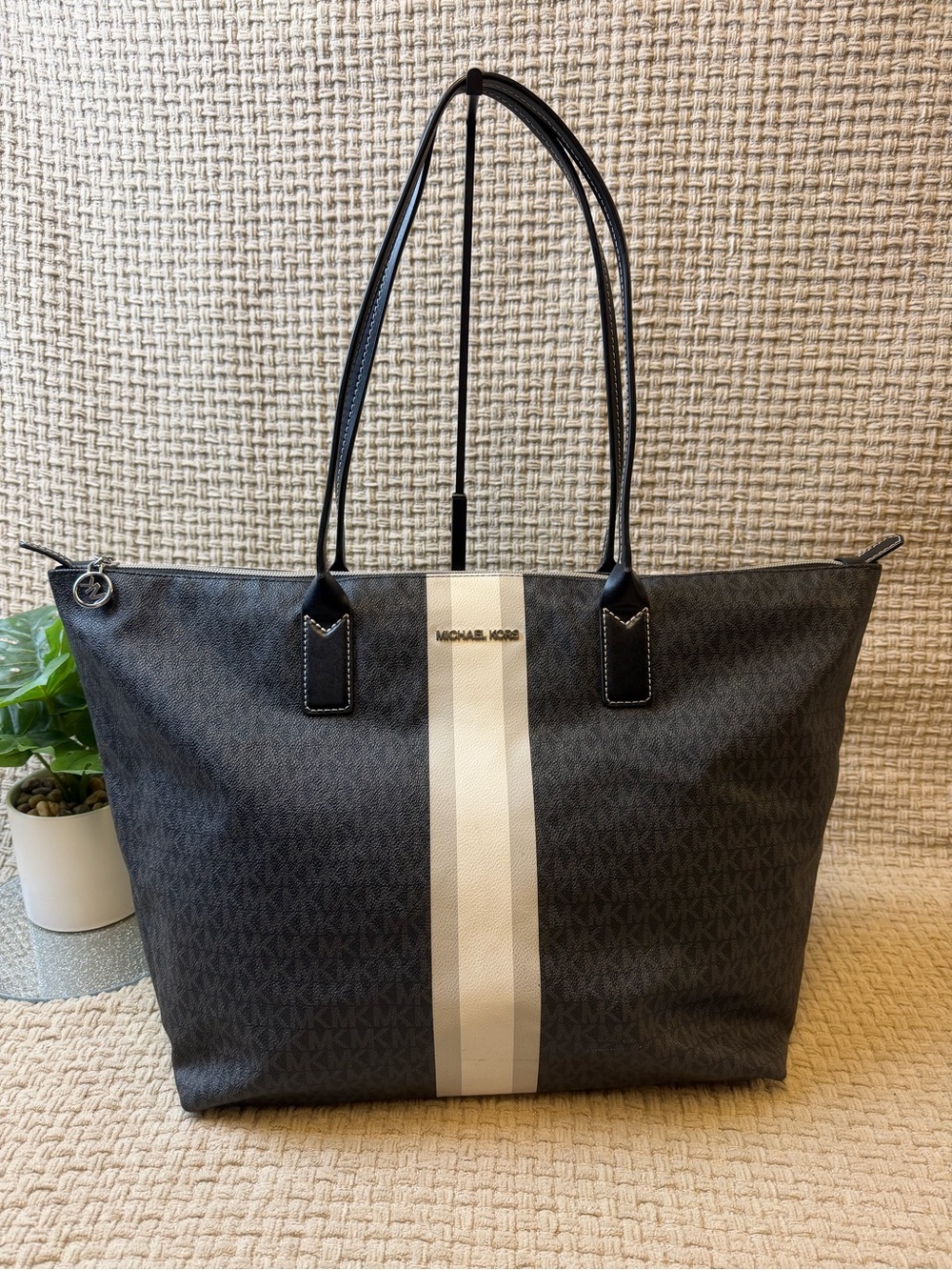 Michael Kors Black Tote with Cream and White Center Stripe